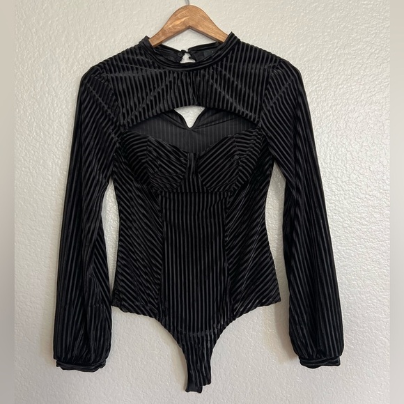 Always Alluring Black Striped Velvet Cutout Bustier Bodysuit - Picture 3 of 8